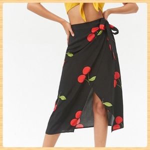 New Forever21 Cherry Print Wrap Midi Skirt